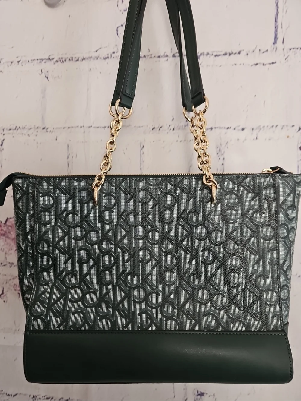 Calvin Klein Teal Blue Monogram Purse Top Handle Shoulder Bag Large